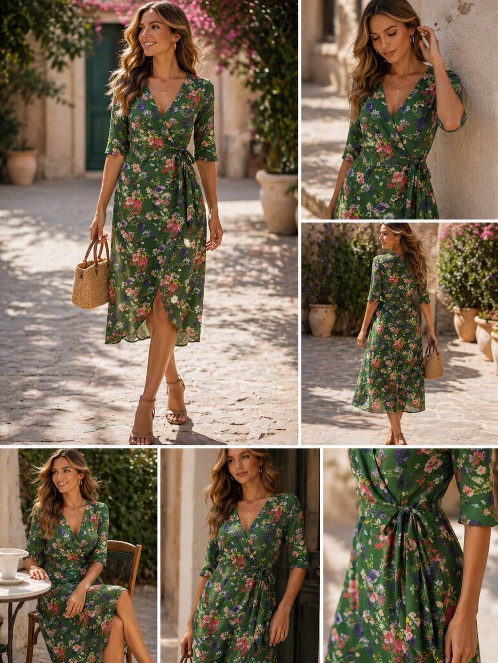 Bobeau Green Floral Wrap Midi Dress Tie Waist Medium